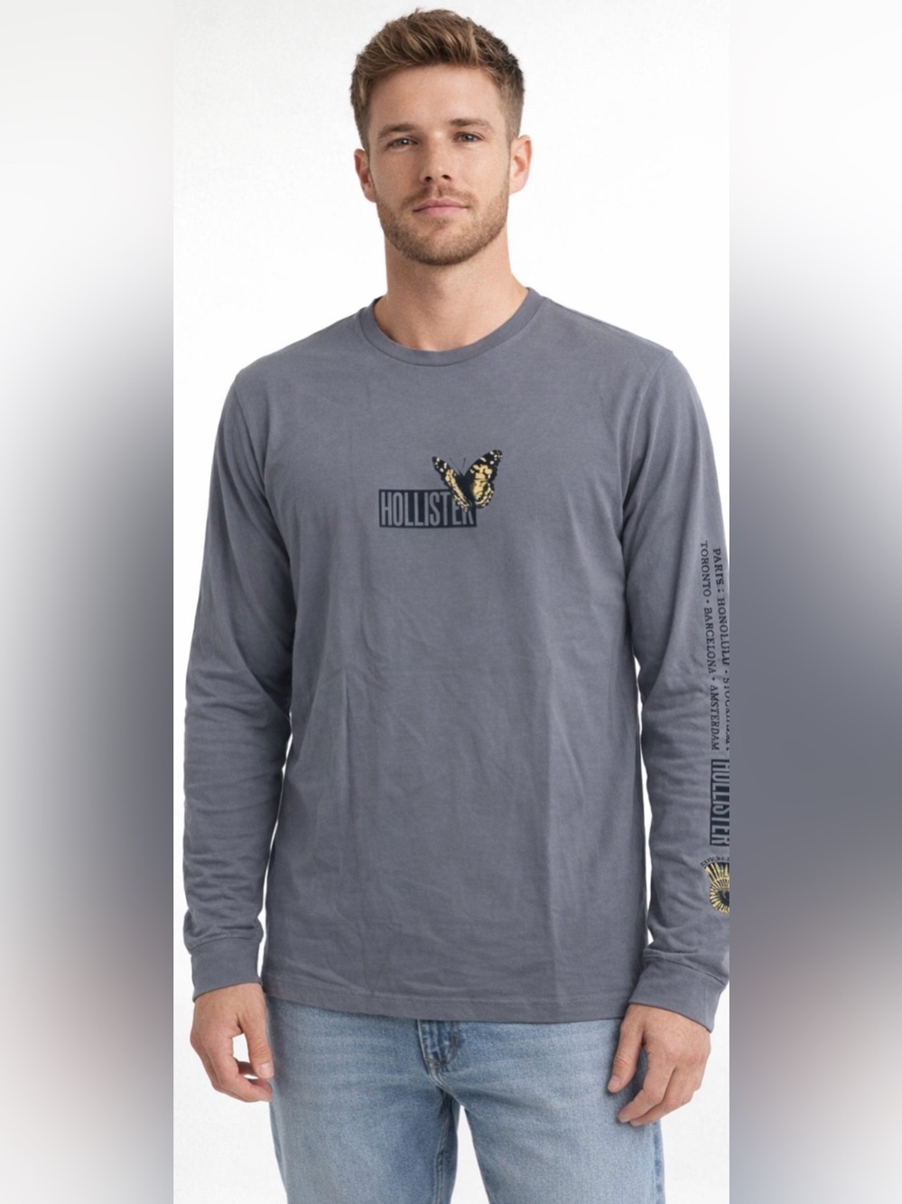 HOLLISTER Butterfly Logo Heather Gray Graphic T- Shirt Long Sleeve Men's Size M